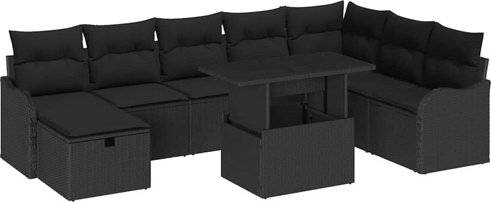 Modulares Garten-Sofa-Set, 9-teilig, mit Stauraum & höhenverstellbarem Tisch, Poly Rattan Schwarz, für 8 Personen, wetterfest