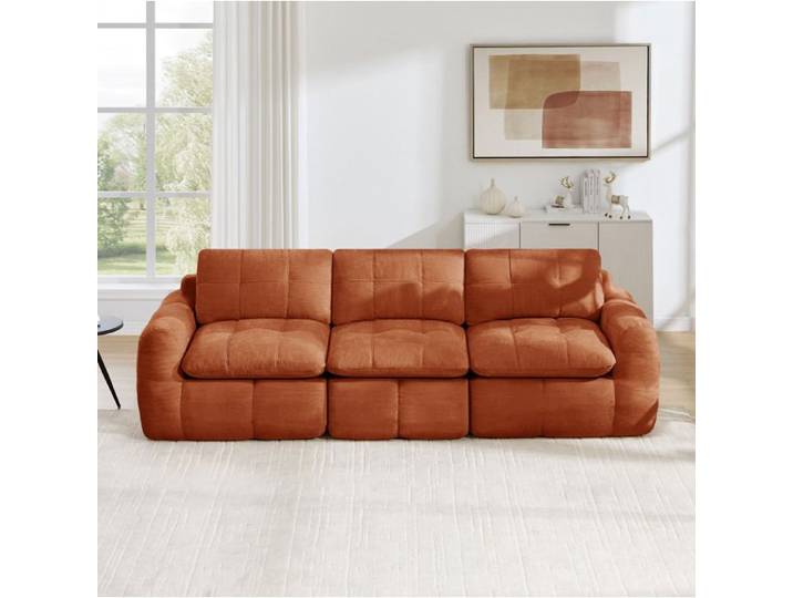 Canapé modulable 3 places en chenille orange sans montage confort moelleux