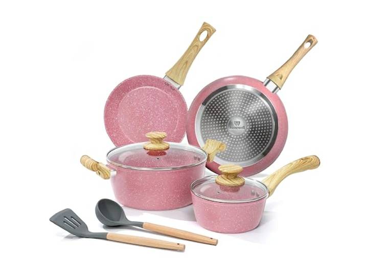 Innerwell Antihaft Topfset 4-Teilig, Topfset Induktion Kochtopf Set Rosa, 2 Antihaftbeschichtung Bratpfannen, 2 Kochtöpfe mit Deckel, und Suppenlöffel & Spatel, PFOA-frei, Spülmaschinenfest