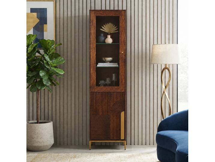 Vitrine 60x200cm 'Marvello' Mango braun & Metall goldfarbig Glastür