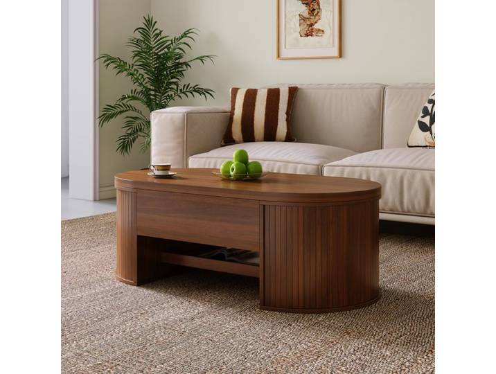 Table basse relevable – couleur noyer – MDF – rangement intérieur – tablette coulissante
