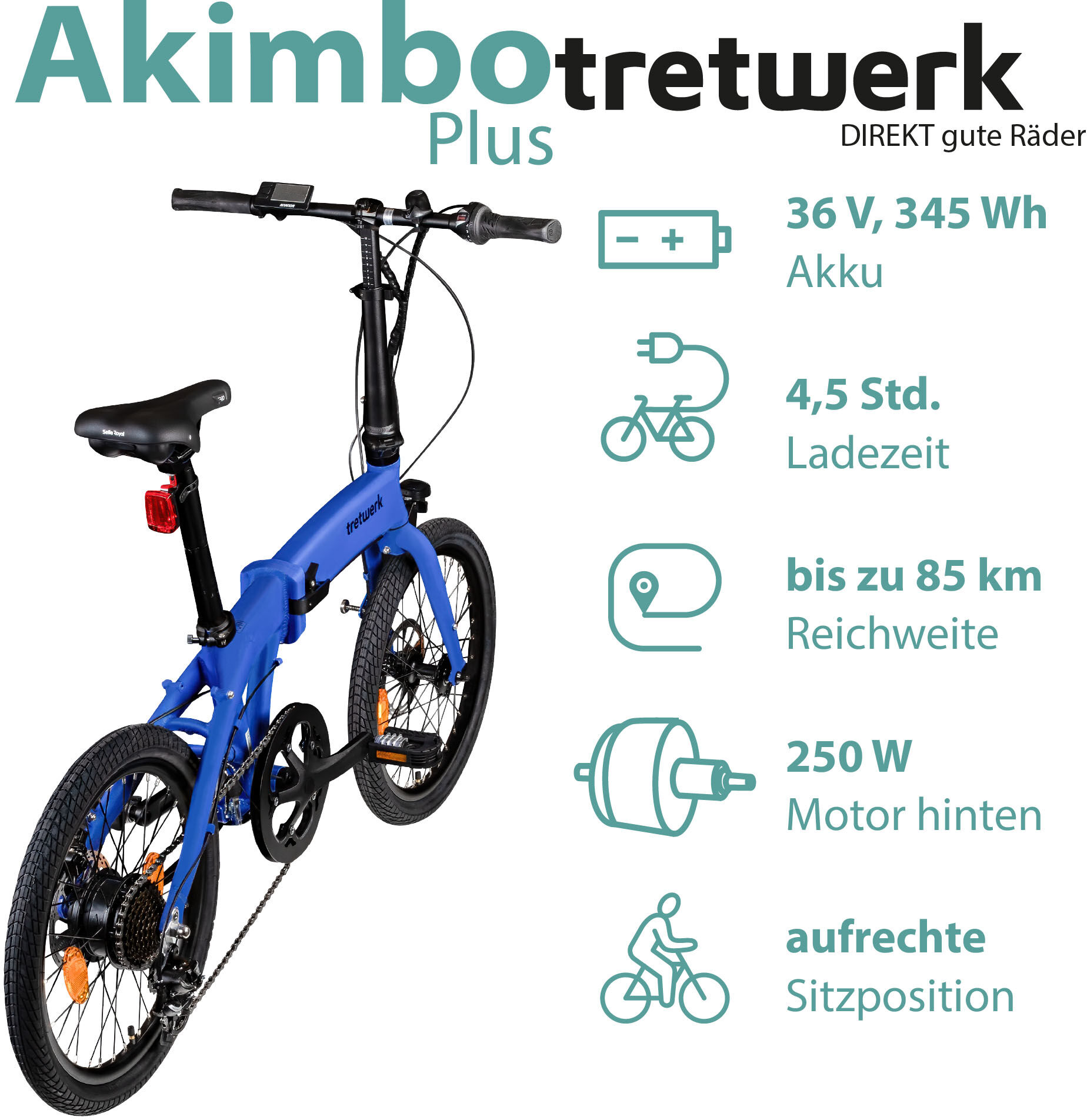 E-Bike TRETWERK "Akimbo Plus" Gr. 32, blau, Elektrofahrräder, 32cm, 20 Zoll (50,80cm), Pedelec, Elektrofahrrad für Damen und Herren
