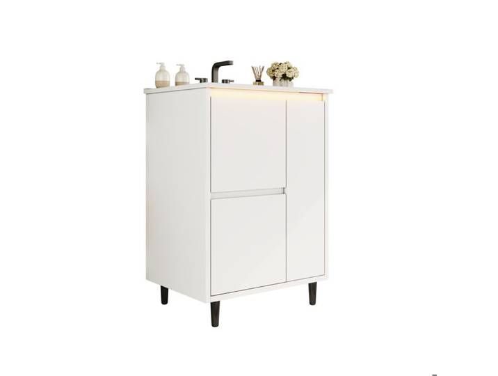 Meuble-lavabo sur pied surface entièrement laquée vasque en céramique intégrée deux tiroirs pieds hauts 61 × 46 5 × 87 cm blanc