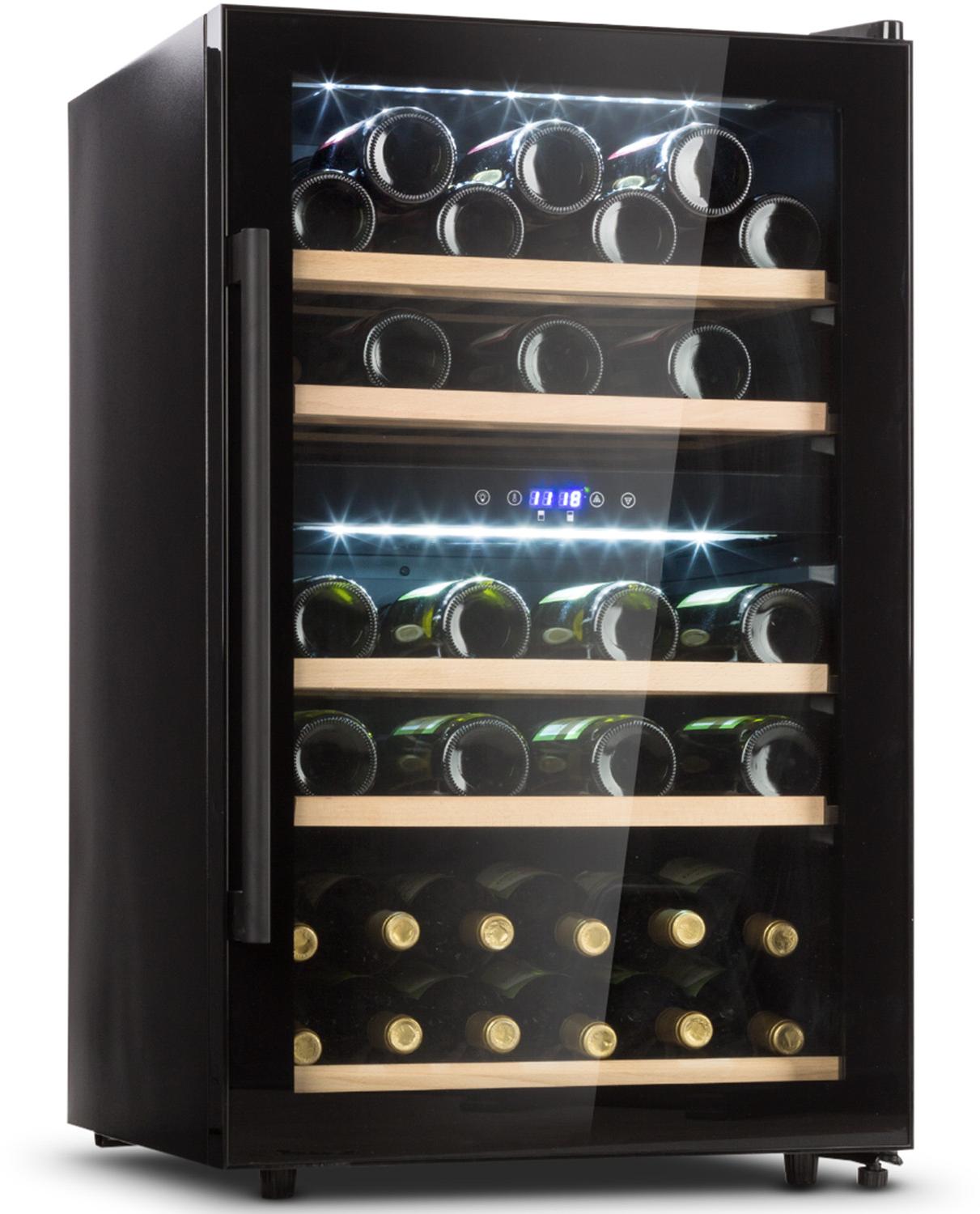 Klarstein Weinkühlschrank, Getränkekühlschrank Schmal, 2 Zonen Kühlschrank mit Glastür, Getränkekühlschränke Freistehend, Weinkühlschrank Klein, Weinkühlschränke mit UV-Schutz, 5-22 °C, 29 Flaschen
