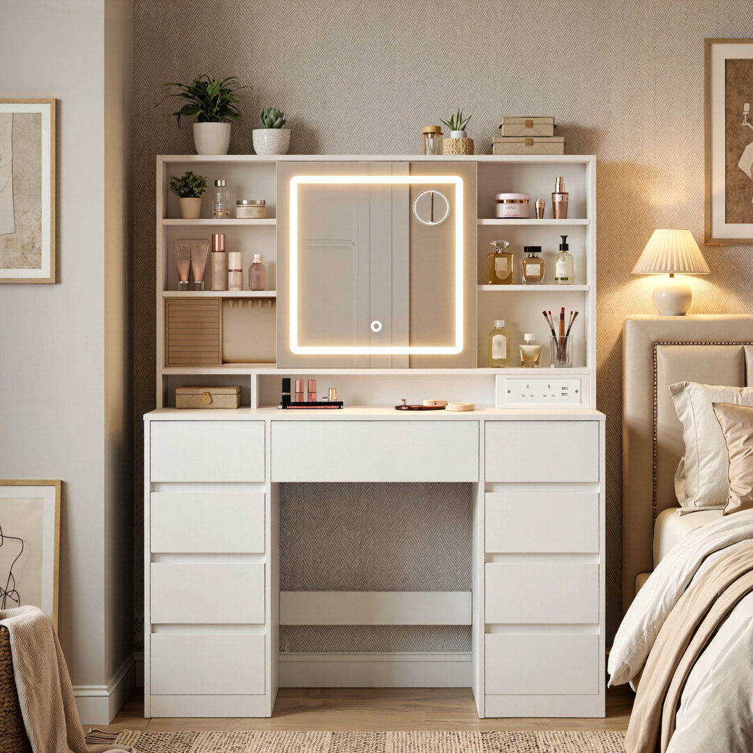 Metro Dressing Table With LED Mirror, Vanity Desk White 141.5cm H X 110cm W X 40cm D