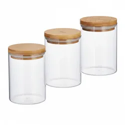 Relaxdays Vorratsdosen Glas, 3er Set, für Pasta, Reis, Müsli, Kaffeebohnen, Volumen 600 ml, HxD 14x9,5 cm, Bambus, natur