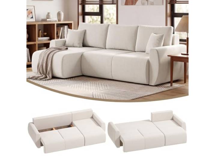 HOMCOM Ecksofa mit Schlaffunktion, L-Form 3-Sitzer Sofa, Cremeweiß Umkehrbare Chaiselongue, 2-in-1 Schlafsofa, mit Kissen, Veloursbezug, Schlafcouch, für Wohnzimmer, Hergestellt in der EU