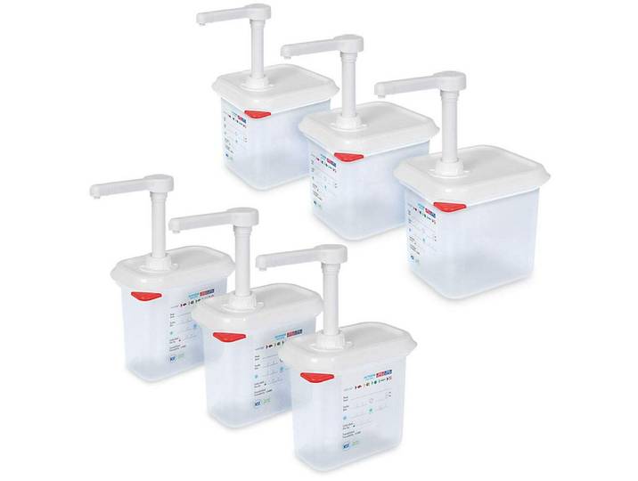 BRB-Lagertechnik Aufbewahrungssystem 3x Pumpspender 1,5 Liter + 3x Pumpspender 2,6 Liter, PP, Polypropylen-Kunststoff