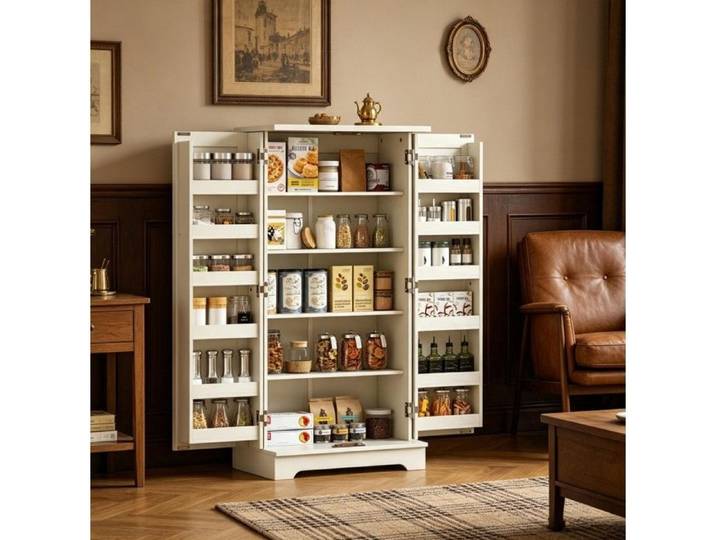 Meuble de rangement cuisine VUENOR 60x40x120 cm crème – portes magnétiques et anti-basculement
