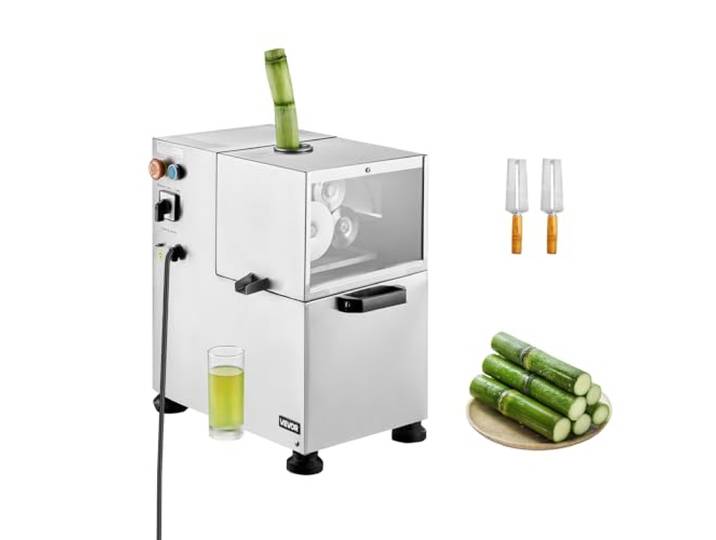 VEVOR kommerzieller Zuckerrohr-Entsafter, 800 W elektrischer Zuckerrohr-Entsafter mit 300 kg/h hoher Leistung, 4 Edelstahlwalzen, Zuckerrohrpresse Saftmaschine (55 x 38 x 52 cm)