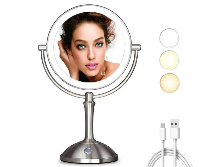 Miroir de maquillage TUSHENGTU avec éclairage, grossissement 10x, double miroir pour le maquillage, miroir cosmétique sur pied rotatif à 360 degrés