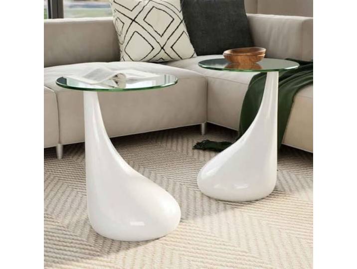 TEKGHUT Couchtisch 2 STK. Set mit Runder Glasplatte Hochglanz Weiß Tropfenform Sockel, Hartglasplatte, Wohnzimmer, Beistelltisch, modernes Design