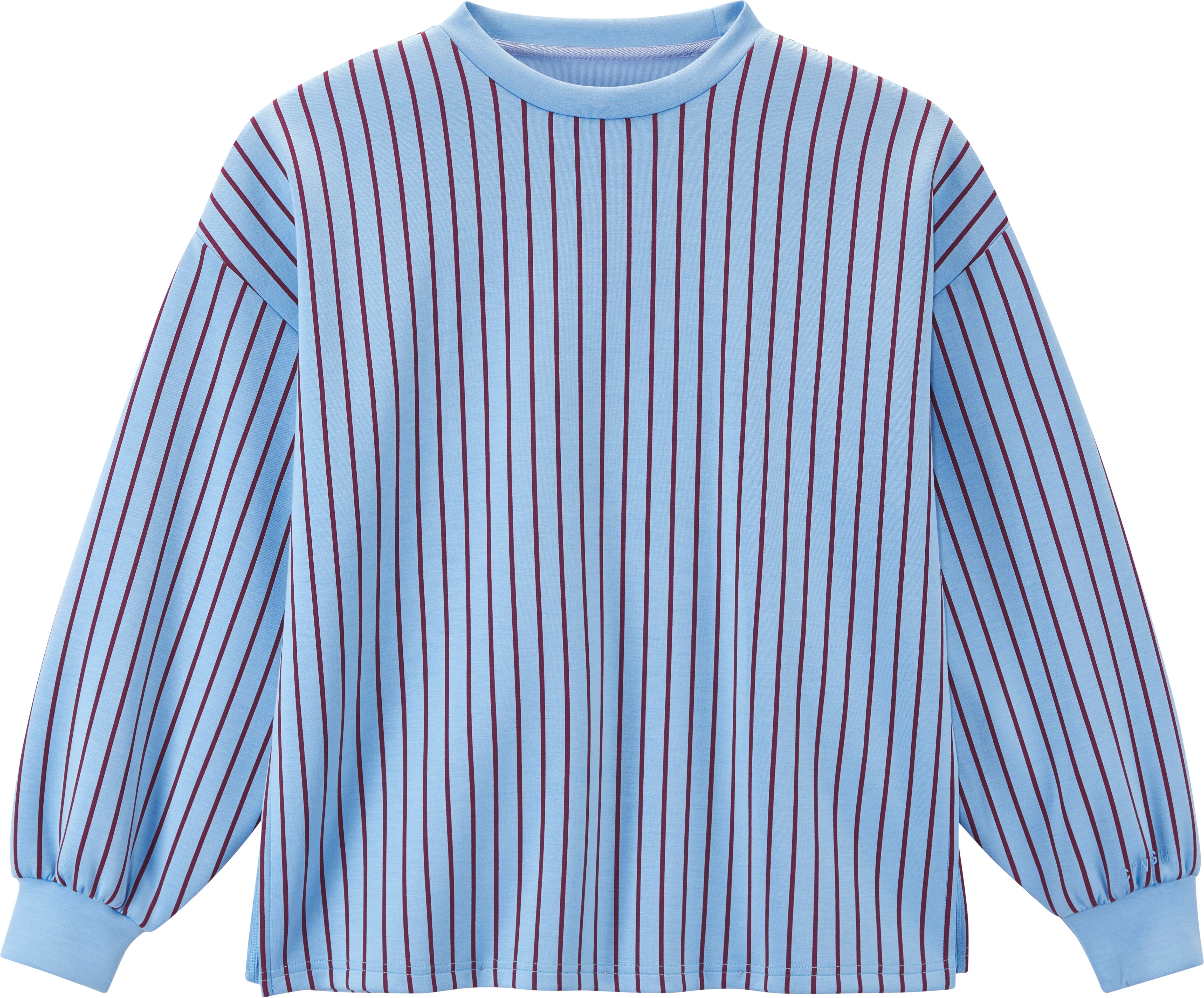 Sweater COPENHAGEN STUDIOS, Damen, Gr. 40/42, blau (blau gestreift), Sweatware, Obermaterial: 48% Polyester, 47% Viskose, 5% Elasthan, gestreift, bequem hüftlang, Rundhals, elastischer Bund, Sweatshirts Sweater, Hochwertige Modal Qualität blau gestreift 4