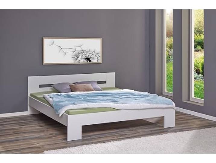 Inter Link - Bett - Bettrahmen – Bettgestell – Jugendbett – Gästebett – Doppelbett – Modernes Bett -ohne Lattenrost - Weiß lackiert - Annik - 180x200cm