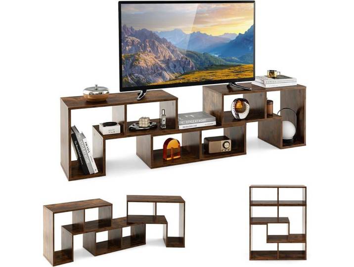 COSTWAY 65  Meuble TV en 3 Pcs Modulaire Étagère Bibliothèque Modulable pour Salon Chambre Meuble TV Bois 135x30x43cm Marron