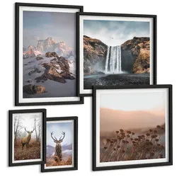 BILDER SET 5er Set - 50x50 cm & 20x30 cm & 40x60 cm Schwarzer Rahmen - Urlaub Palmen Wasserfall