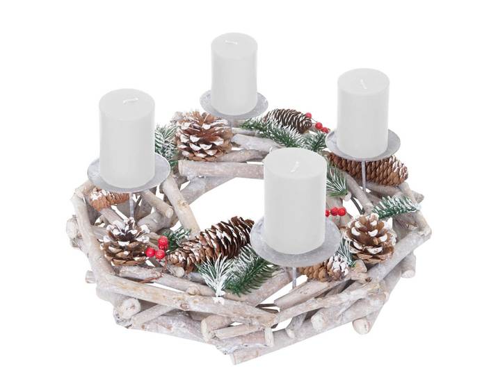 MCW Adventskranz Rund Holz Kerzen WEIß Weiß, Holz, 11 cm, Dekoration, Weihnachtsdekoration, Adventskränze
