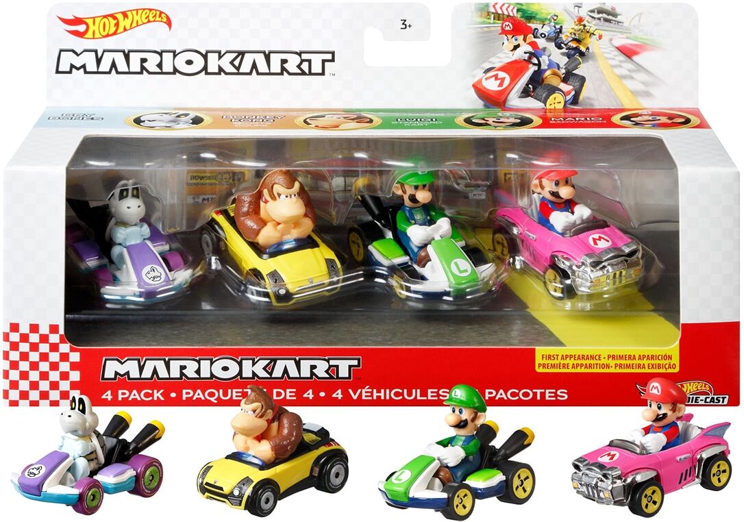 Hot Wheels Vehiculo Mario Kart conjunto de 4 personajes .