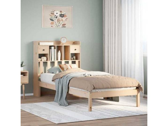 Lit bibliothèque 90x190 cm pin massif sans matelas format compact avec espace de stockage pour petit espace et studio