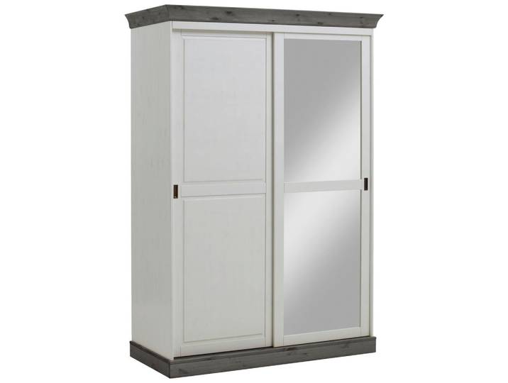 Schiebetürenschrank, Grau & Weiß, 150x220x69 cm, Massivholz, 4 Fächer, Schlafzimmer