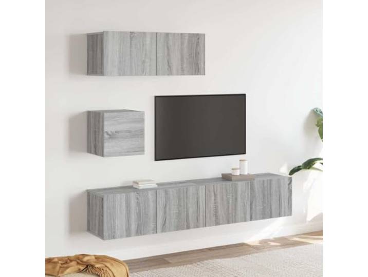 HEFZGDB 4-TLG. TV-Schrank-Set Grau Sonoma Holzwerkstoff mit Wandmontage und viel Stauraum für Multimediageräte, Elegantes modernes Design aus langlebigem Holzwerkstoff