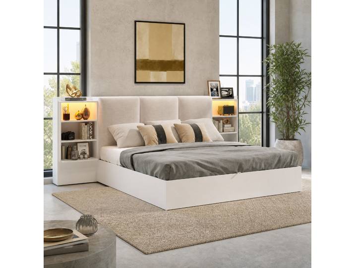 Lit Plateforme 180x200 Cm Mdf Et Contreplaqué Blanc\, Led Et Rangement Gain De Place – Meubliv