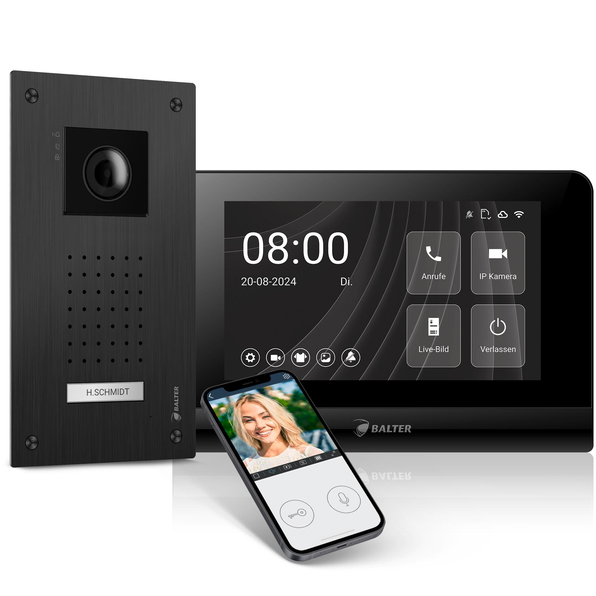 Entri L Video Türsprechanlage, Video Türklingel, 1 Familienhaus mit 7-Zoll Monitor, 2-Draht, Unterputz, Smartphone App, Full HD Kamera, schwarz