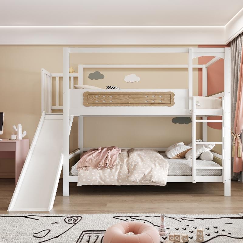 Kinder Etagenbett 90x200cm mit Rutsche, hausförmigem Bettrahmen, Sicherheitsleiter und Lattenrosten, weiß natur aus Holz für Kinderzimmer