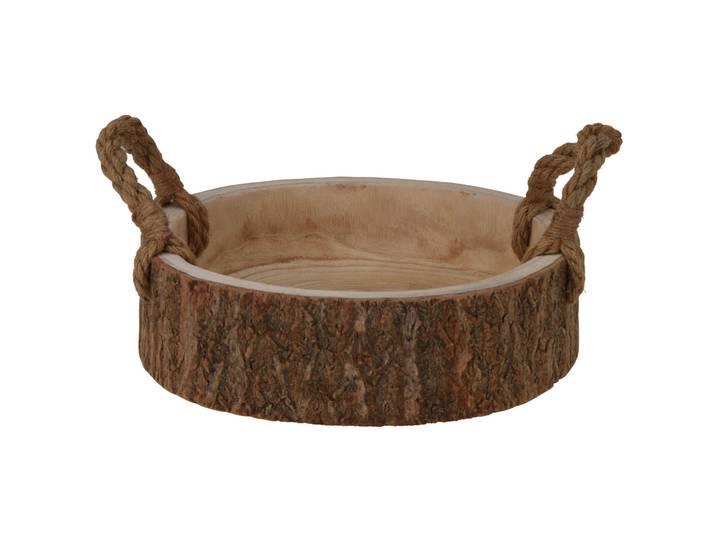 Holzschale rund aus Pauwloniaholz, Dekoschale mit Henkel, braun, Ø 32 x 10 cm