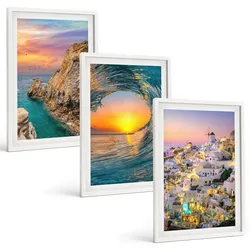 BILDER SET 3er Set - 40x60 cm Weißer Rahmen - Meereswellen, weiße Häuser, Santorini