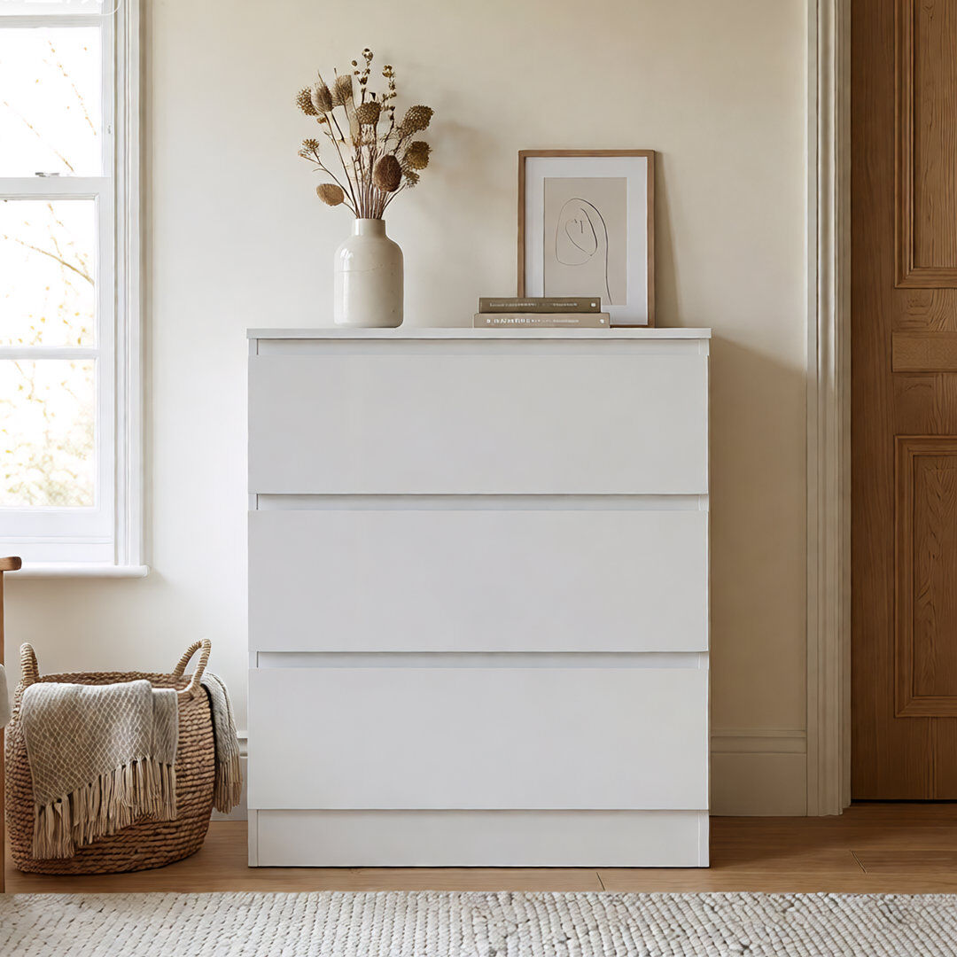 17 Stories 78cm Wide High Gloss 3-Drawer Chest of Drawers - Slim 36cm Deep Storage Unit - White White 78cm H X 78cm W X 36cm D