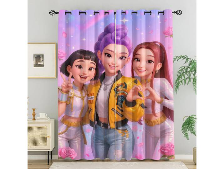 2 pièces de rideaux occultants Hasbro Kpop Group, bloquant la lumière, motif de fille d'anime mignonne, avec œillets, pour chambre à coucher et salon.