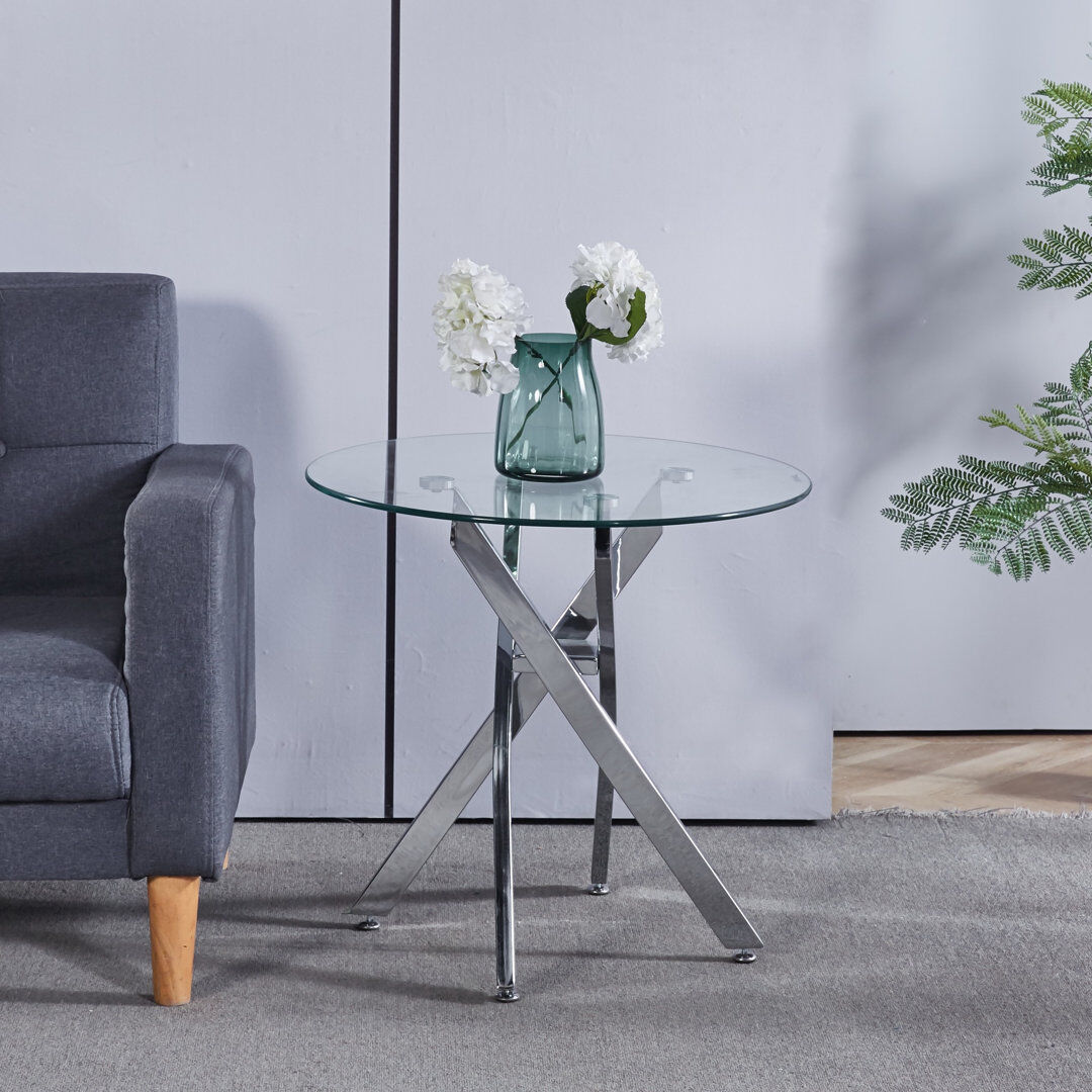 George Oliver Mose Glass Top Cross Legs End Table Clear 56cm H X 60cm W X 60cm D