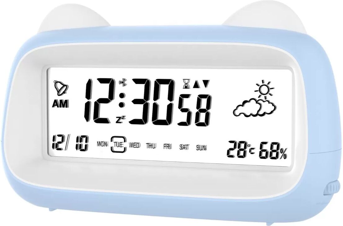 INF Réveil Chat Rechargeable avec Veilleuse, Température & Snooze Bleu