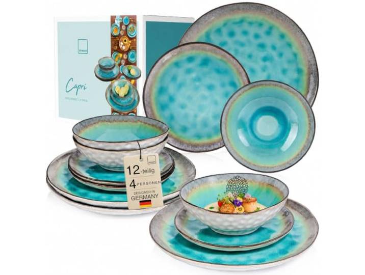 SÄNGER Capri Geschirrset für 4 Personen, Teller Set 12-teilig, Türkisblau