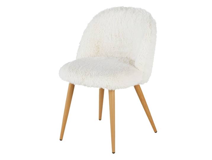 Chaise vintage imitation fourrure blanche et acier imitation chêne