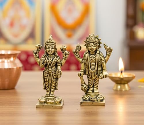 eSplanade Lakshmi Narayan messing beeld van Lord Vishnu met Laxmi standbeeld, 7,6 cm