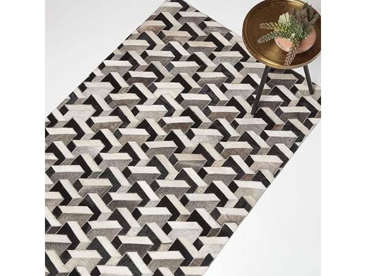 Homescapes Patchwork-Teppich geometrisch 90x150 cm, Lederteppich Quader-Muster, Fellteppich Creme-grau-schwarz aus Ziegenfell