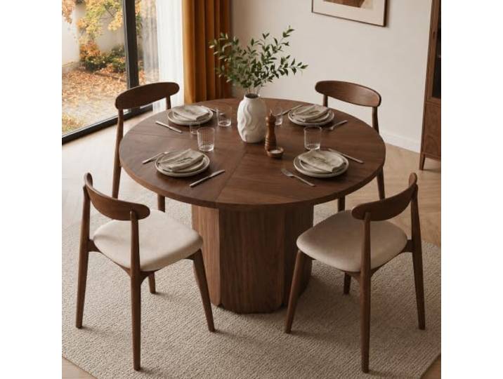 Runder Esstisch 120x120x75 cm, 4-6 Personen, MDF, Walnuss, ohne Stühle Runder Esstisch 120 cm für 4-6 Personen, MDF in Walnussoptik, skandinavischer Stil und 60 kg Tragkraft.