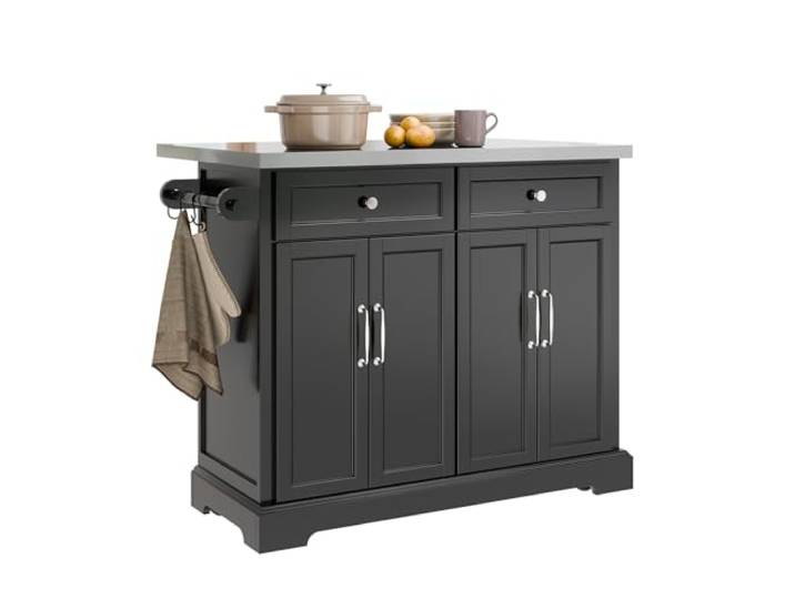 SoBuy Kücheninsel mit Rollen & ausziehbarer Edelstahlplatte 115x92x46-71 cm Outdoor Küchenschrank, Küchenwagen mit 2 Schubladen, Grillschrank für Grillzubehör und Küchenutensilien, MDF/PB FKW71-III-SCH