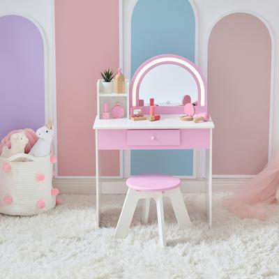 Teamson Kids Wooden Makeup Pretend Play Vanity Toy Set with Built-in LED Strip Lights and Touch Sensor Mirror for Toddlers