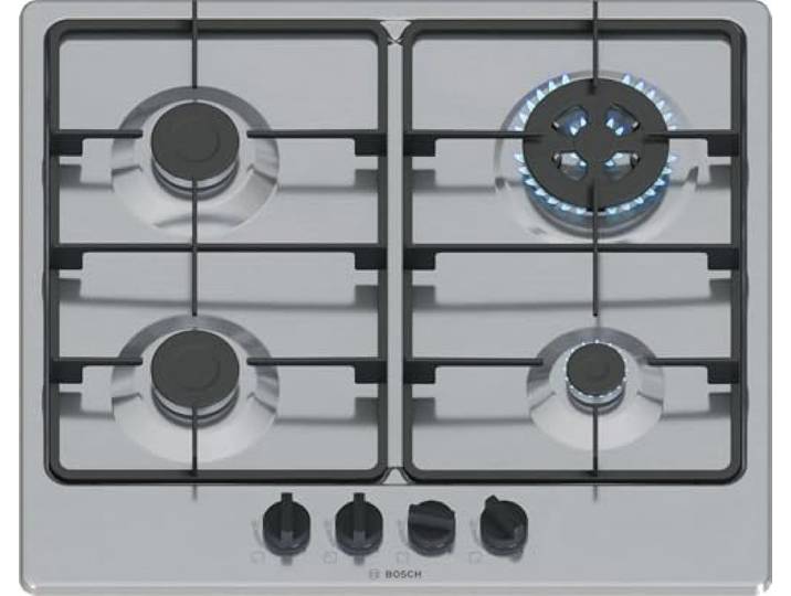 Bosch PGH6B5K60 Serie 4 Gaskochfeld 60 cm 4 Brenner Edelstahl Gaskochfeld mit präziser Flammenkontrolle, spülmaschinenfeste Grillroste, Wokkocher, Made in Europe