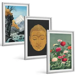 BILDER SET 3er Set - 40x60 cm Silberner Rahmen - Japanische Natur, Japandi-Kultur