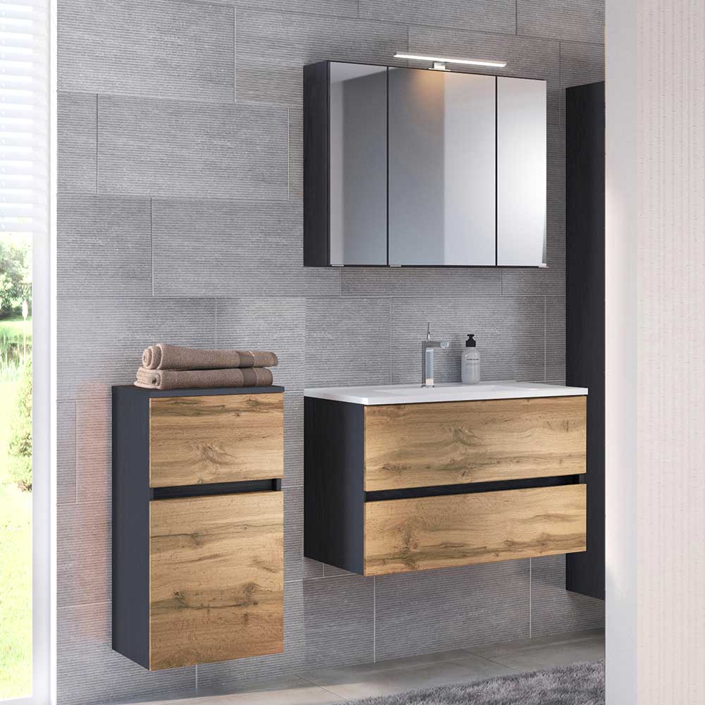 Pharao24.de Waschplatz Set in Wildeichefarben und Anthrazit Stand- und Wandmontage (dreiteilig)