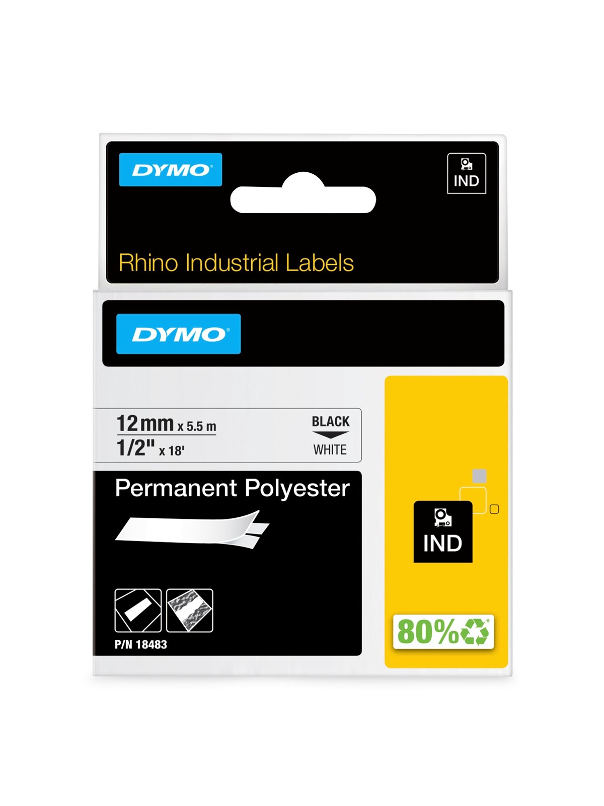 DYMO Rhino Industrie Permanente Polyesteretiketten | 12 mm x 5,5 m | Schwarz auf Weiß