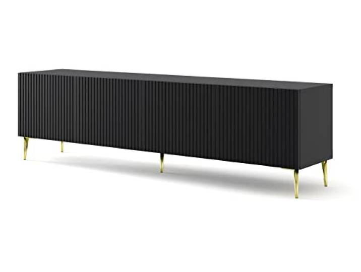 BIM Furniture Lowboard TV Schrank Ravenna B 4D 200 cm gefräste dekorierte MDF-Fronten auf goldenen Metallbeinen Stehen Unterschrank Fernsehschrank TV Board Sideboard HiFi-Tisch (Schwarz Matt)