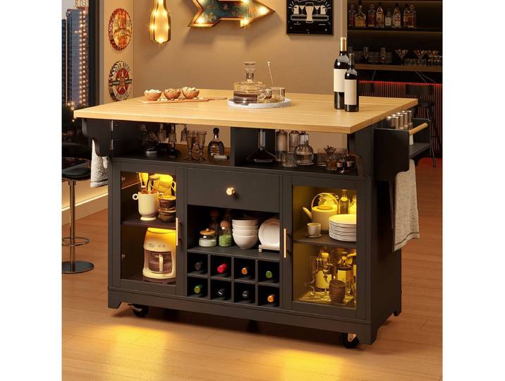 Odikalo Kücheninsel Servierwagen mit Arbeitsplatte LED Weinregal 95 cm ergonomische Höhe, (beidseitig ausklappbarer Tischplatte, verstellbaren Regalböden), Gesamtabmessungen(ausgefahren):120*80*95 (zusammengeklappt):120*40*95