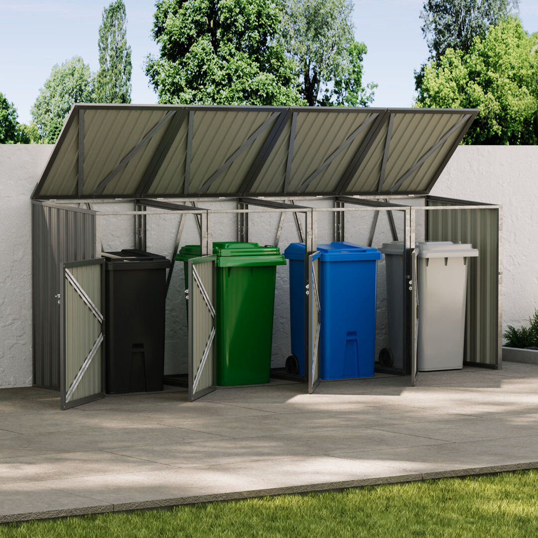 Garden Sanctuary 4 Compartment Metal Trash & Recycling Bin Cabinet grey 323.5cm W X 81.5cm D X 122cm H
