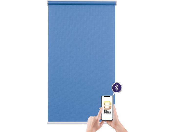 Elektrisches Rollo SUNLINES Mosaik , blau (blau, weiß), B:90cm H:180cm, Kunststoff, Metall, Polyester, Rollos, Elektrisches Rollo, appgesteuert via Bluetooth, mit Akku und Motor, weisser Fallstab