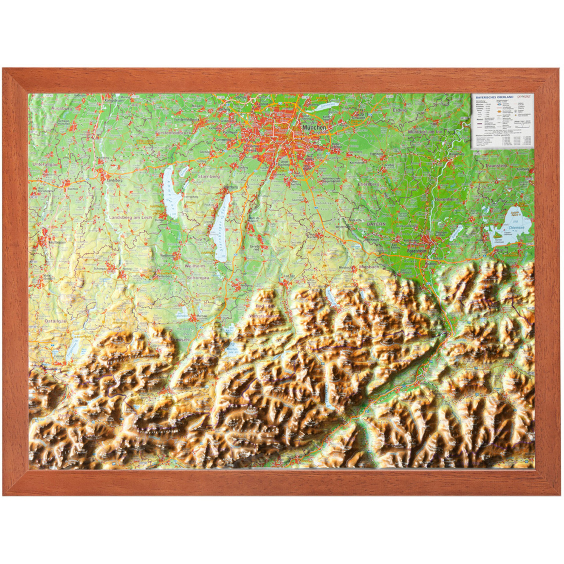 Georelief 3D Reliefkarte Bayerisches Oberland Topografische Karten mit Holzrahmen